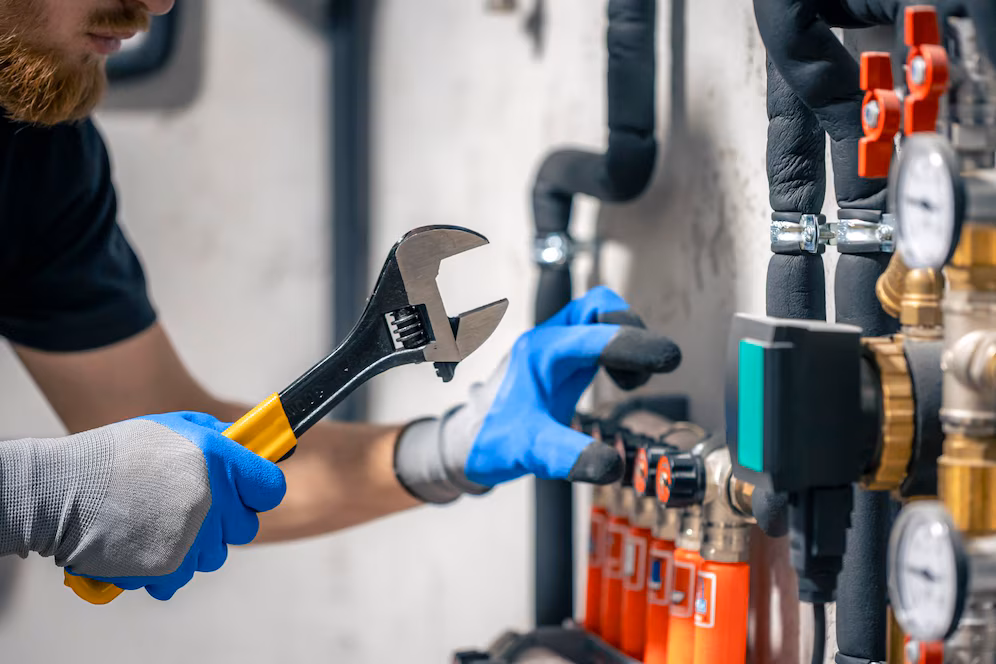 hombre instala sistema calefaccion casa comprueba tuberias llave inglesa 169016 55822